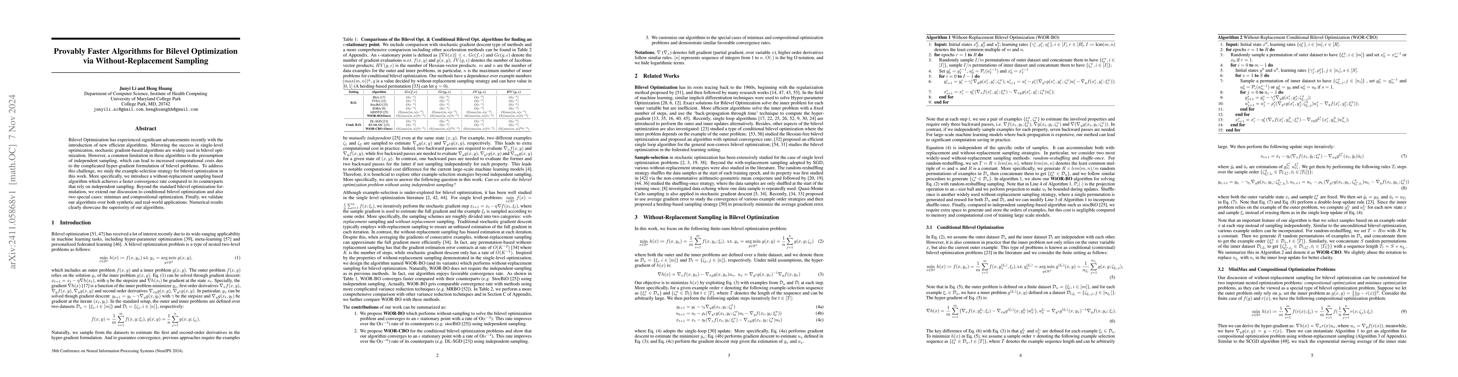 Thumbnail for Provably Faster Algorithms for Bilevel Optimization via
  Without-Replacement Sampling