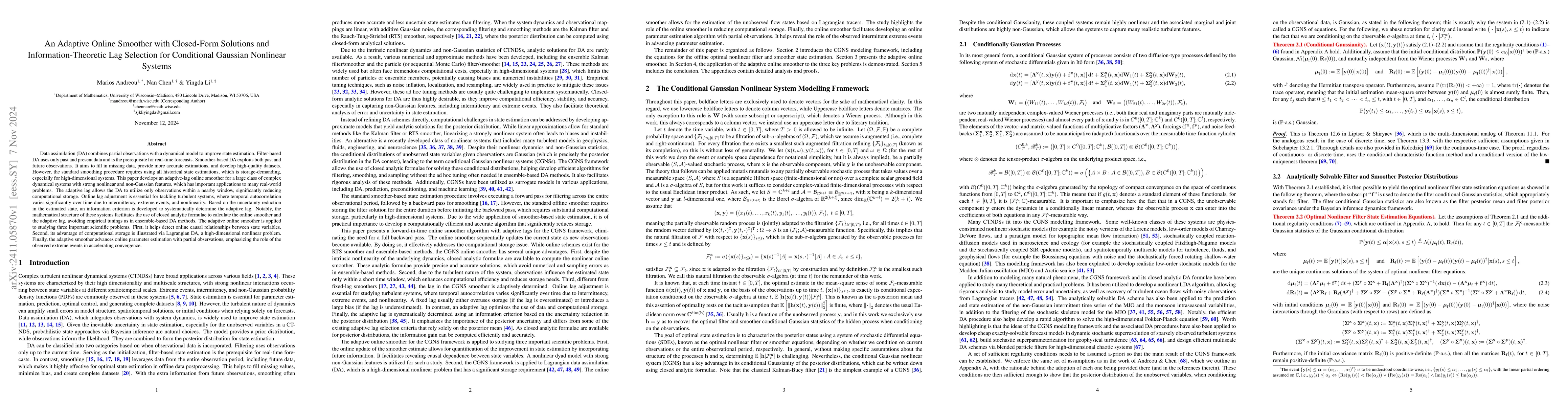 Thumbnail for An Adaptive Online Smoother with Closed-Form Solutions and
  Information-Theoretic Lag Selection for Conditional Gaussian Nonlinear
  Systems