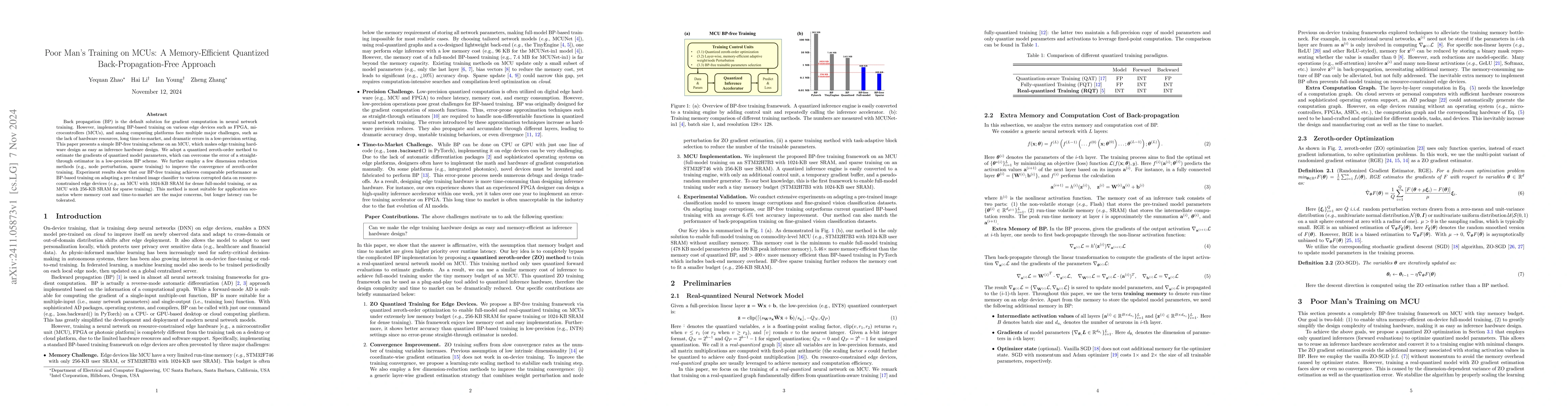 Thumbnail for Poor Man's Training on MCUs: A Memory-Efficient Quantized
  Back-Propagation-Free Approach