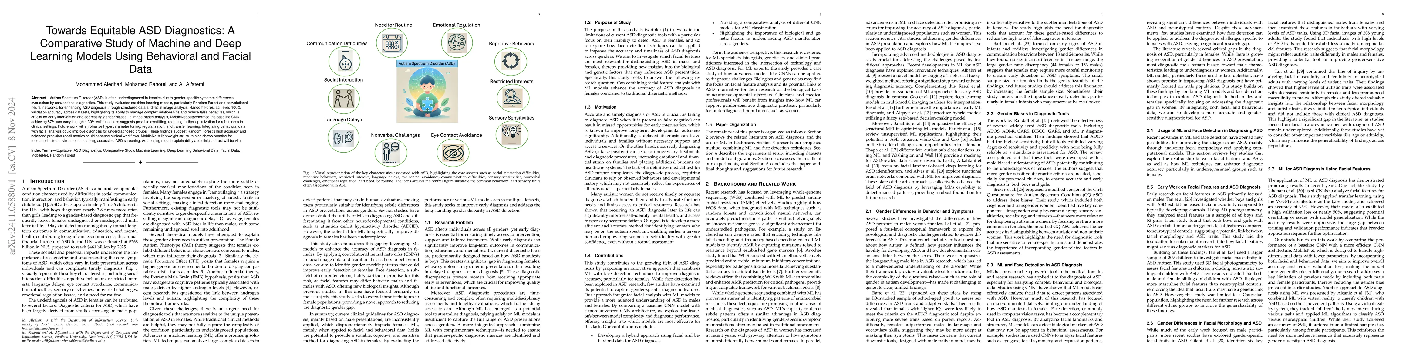 Thumbnail for Towards Equitable ASD Diagnostics: A Comparative Study of Machine and
  Deep Learning Models Using Behavioral and Facial Data