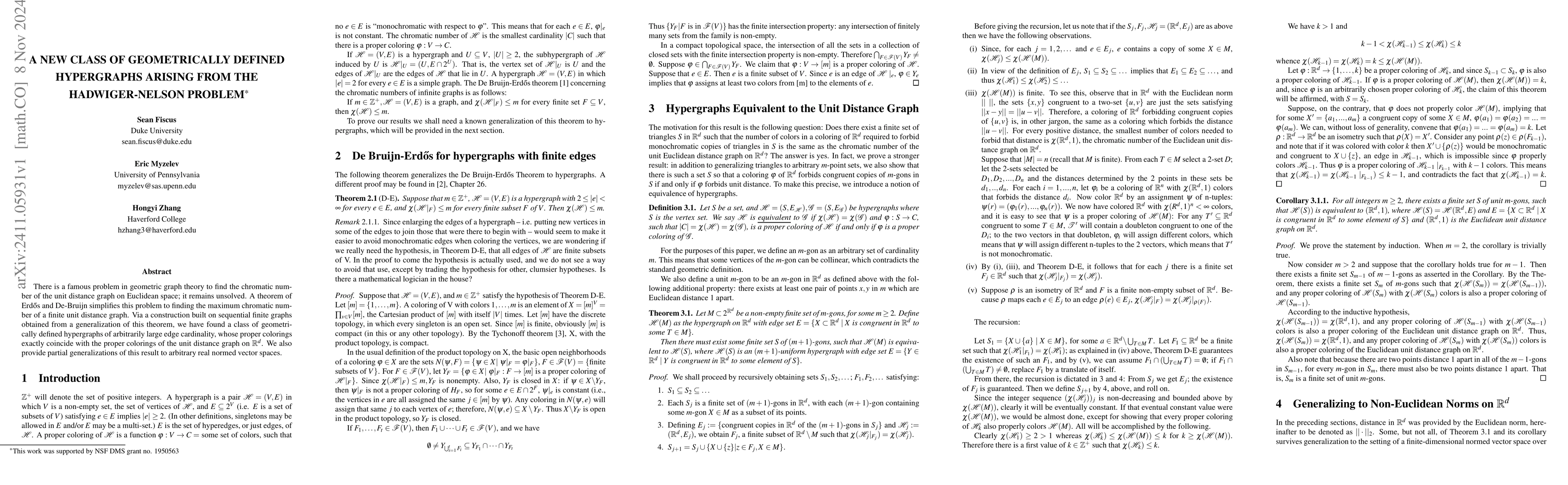 Thumbnail for A New Class of Geometrically Defined Hypergraphs Arising from the
  Hadwiger Nelson Problem