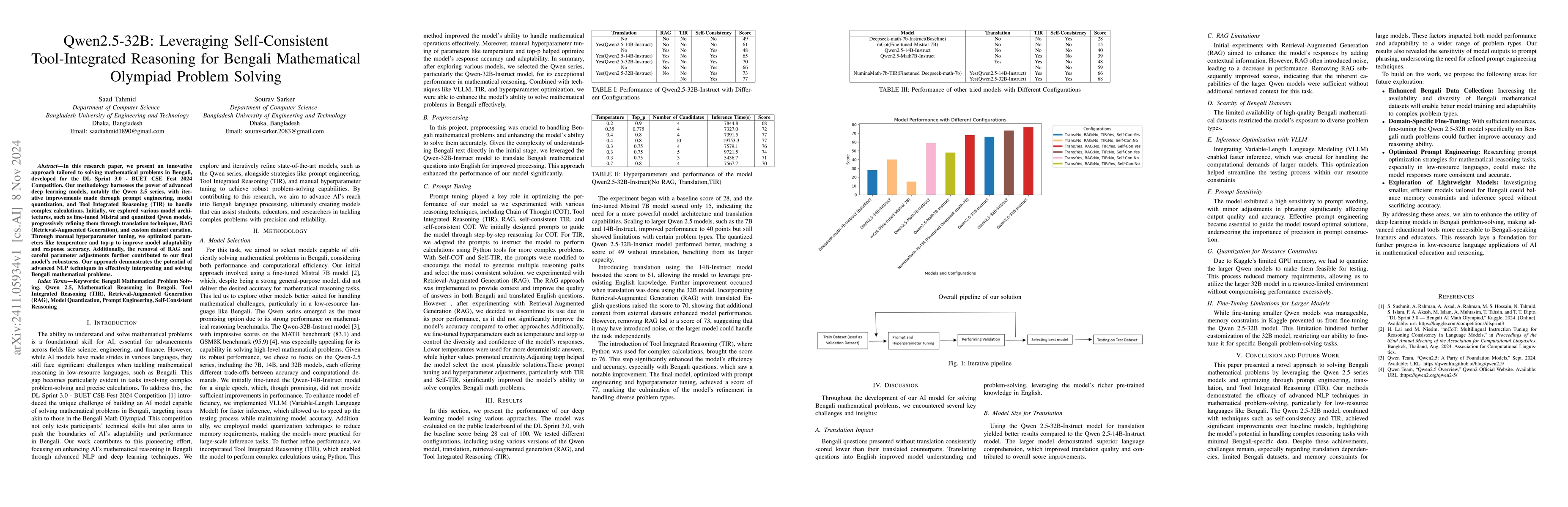Thumbnail for Qwen2.5-32B: Leveraging Self-Consistent Tool-Integrated Reasoning for
  Bengali Mathematical Olympiad Problem Solving