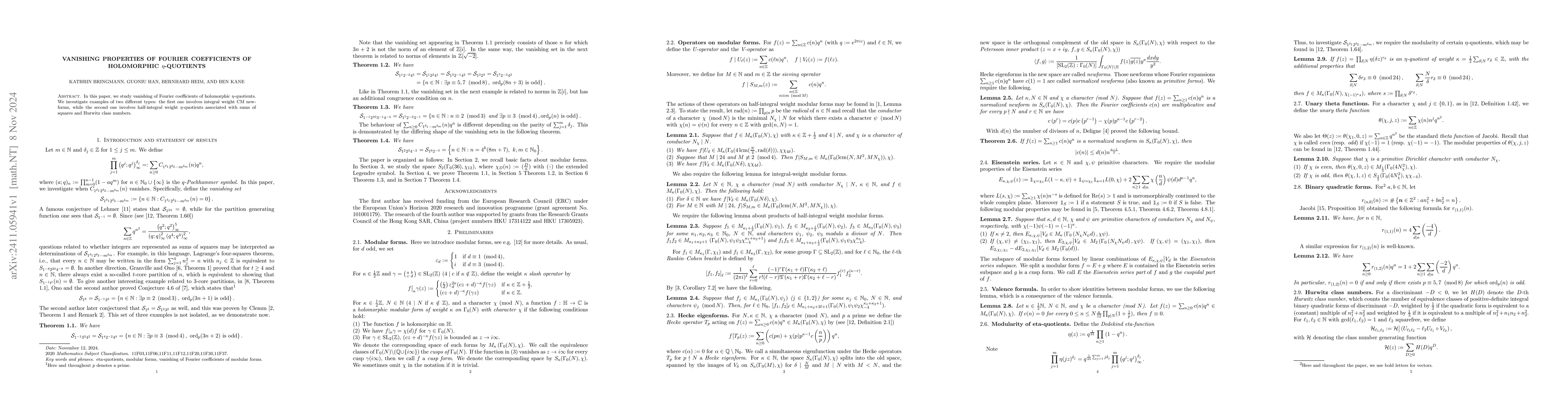 Thumbnail for Vanishing properties of Fourier coefficients of holomorphic
  $η$-quotients