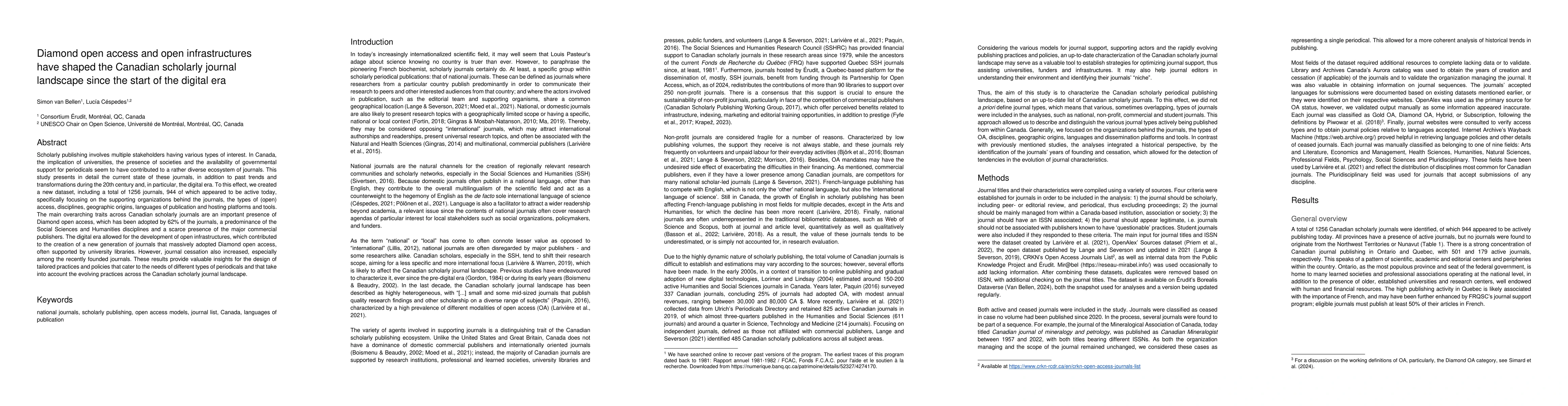 Thumbnail for Diamond open access and open infrastructures have shaped the Canadian
  scholarly journal landscape since the start of the digital era