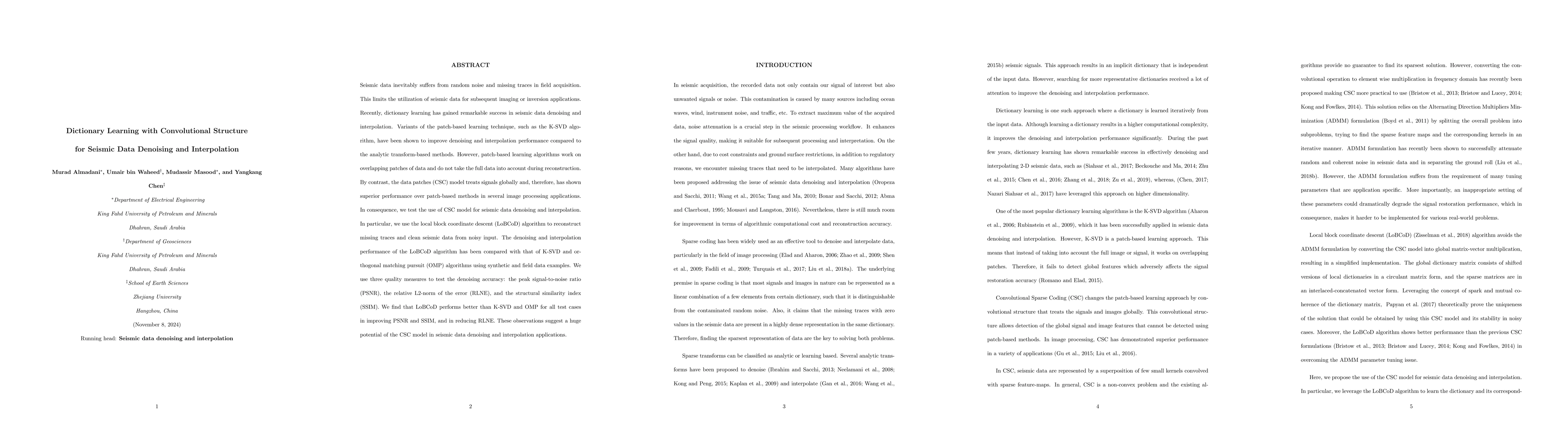 Thumbnail for Dictionary Learning with Convolutional Structure for Seismic Data
  Denoising and Interpolation