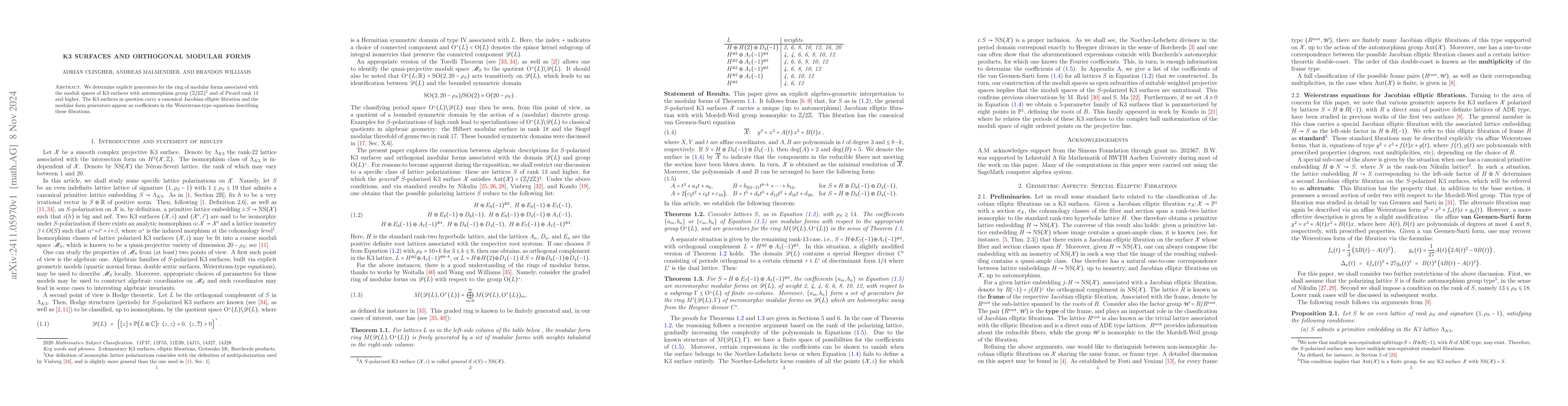 Thumbnail for K3 Surfaces and Orthogonal Modular Forms