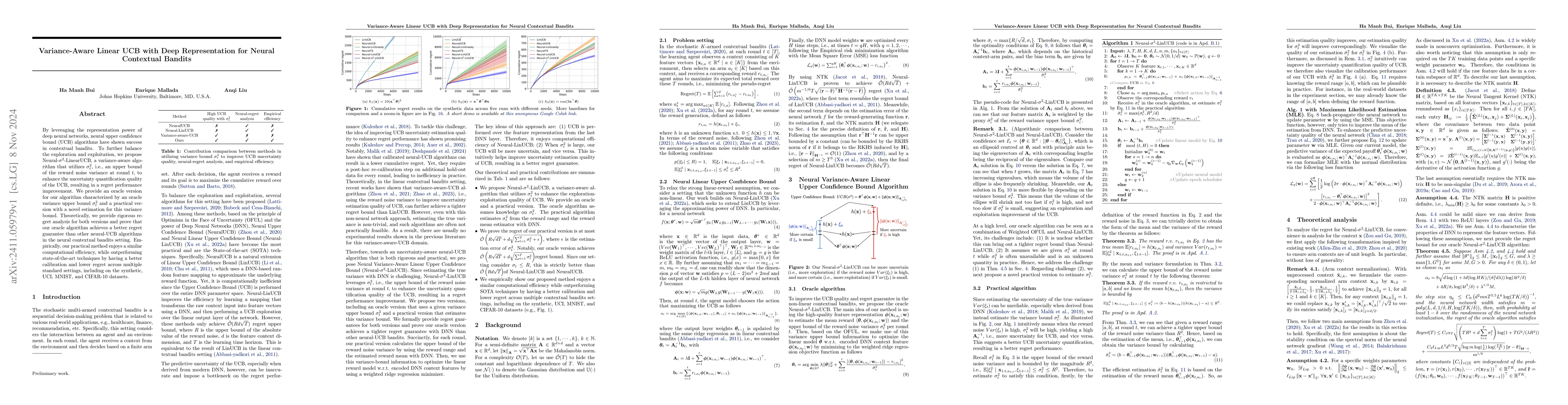 Thumbnail for Variance-Aware Linear UCB with Deep Representation for Neural Contextual
  Bandits