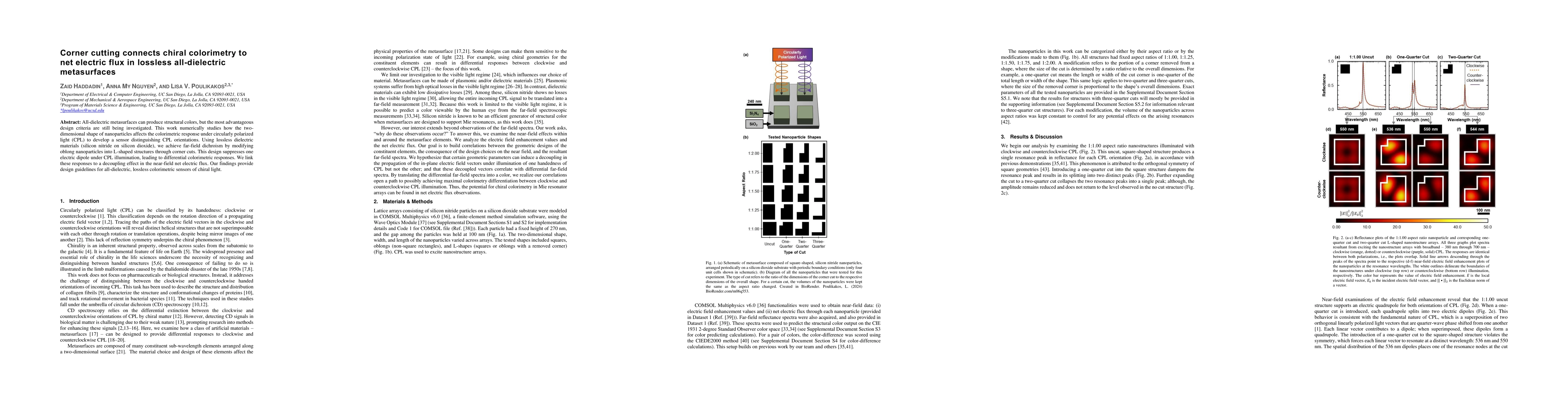 Thumbnail for Corner cutting connects chiral colorimetry to net electric flux in
  lossless all-dielectric metasurfaces