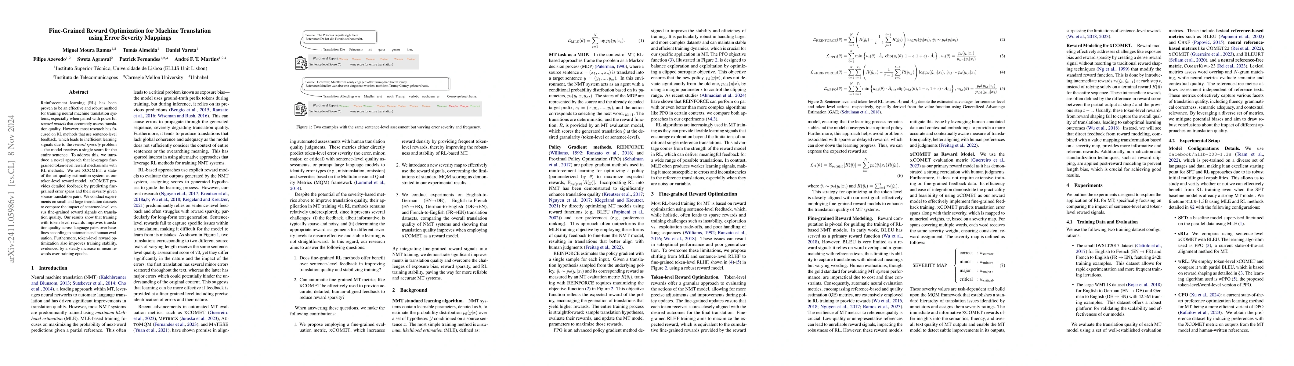 Thumbnail for Fine-Grained Reward Optimization for Machine Translation using Error
  Severity Mappings