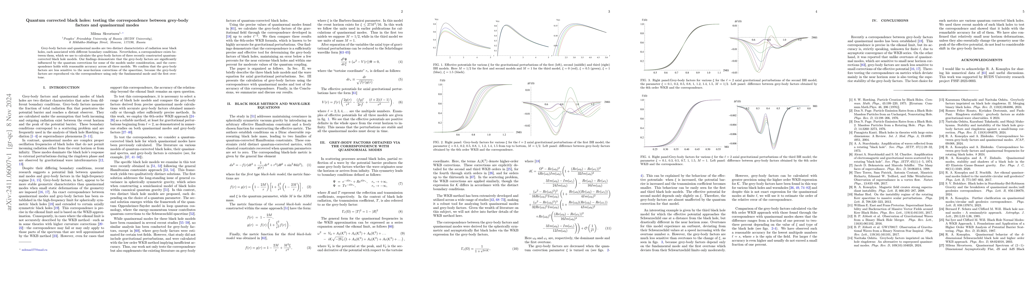 Thumbnail for Quantum corrected black holes: testing the correspondence between
  grey-body factors and quasinormal modes