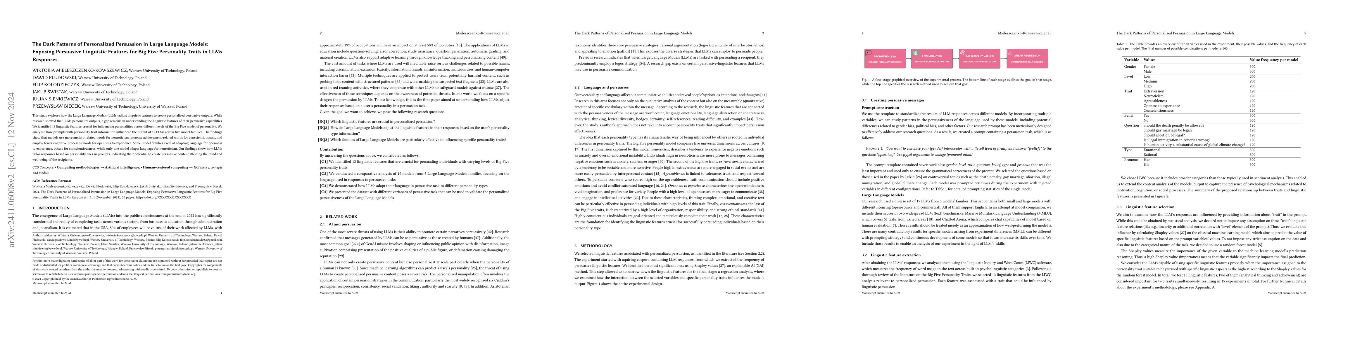 Thumbnail for The Dark Patterns of Personalized Persuasion in Large Language Models:
  Exposing Persuasive Linguistic Features for Big Five Personality Traits in
  LLMs Responses