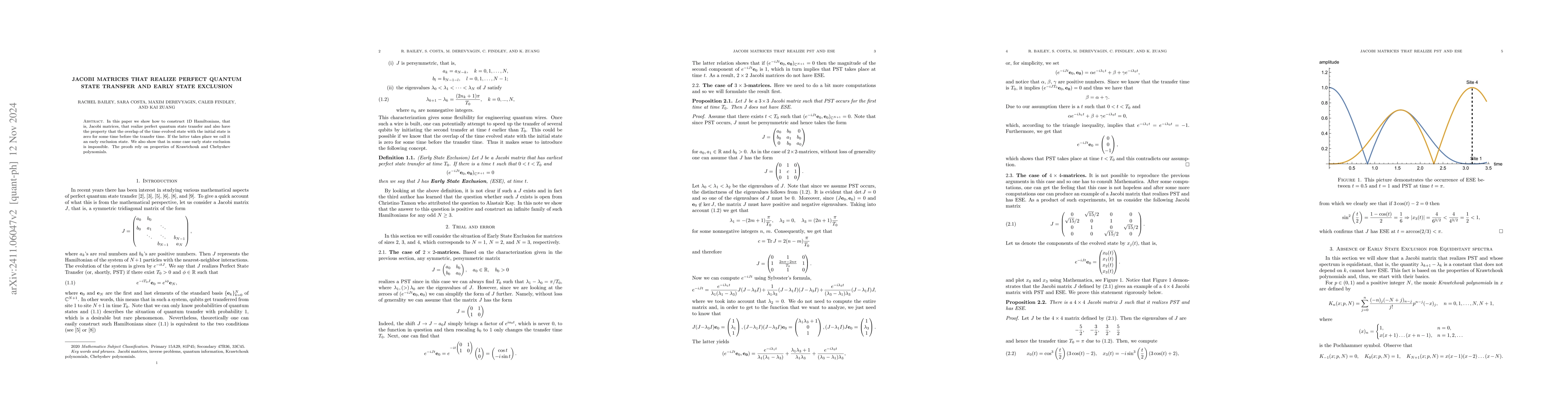 Thumbnail for Jacobi matrices that realize perfect quantum state transfer and early
  state exclusion