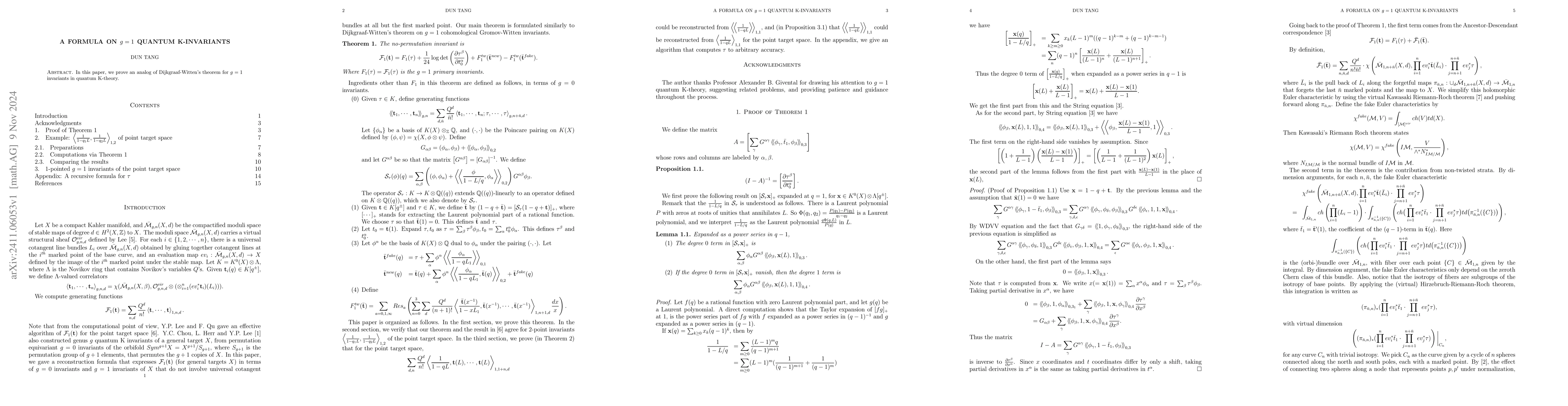 Thumbnail for A formula on $g=1$ quantum K-invariants
