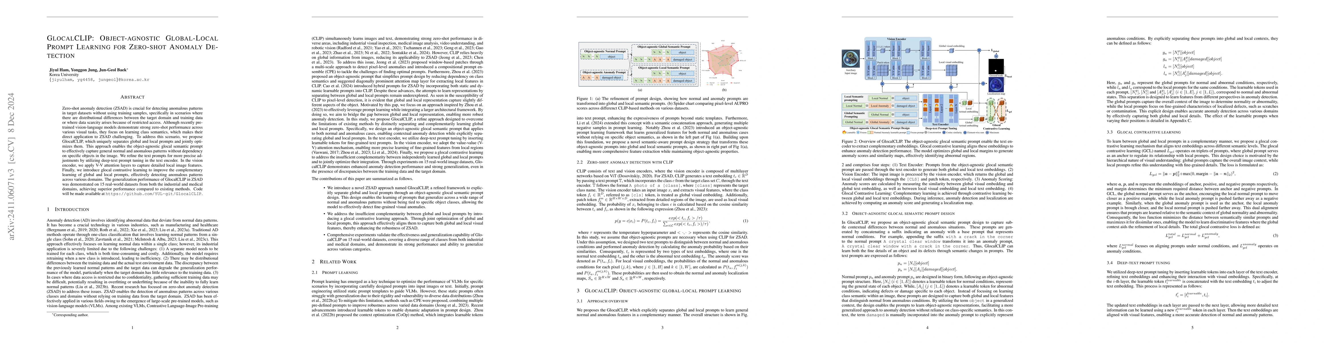Thumbnail for GlocalCLIP: Object-agnostic Global-Local Prompt Learning for Zero-shot
  Anomaly Detection