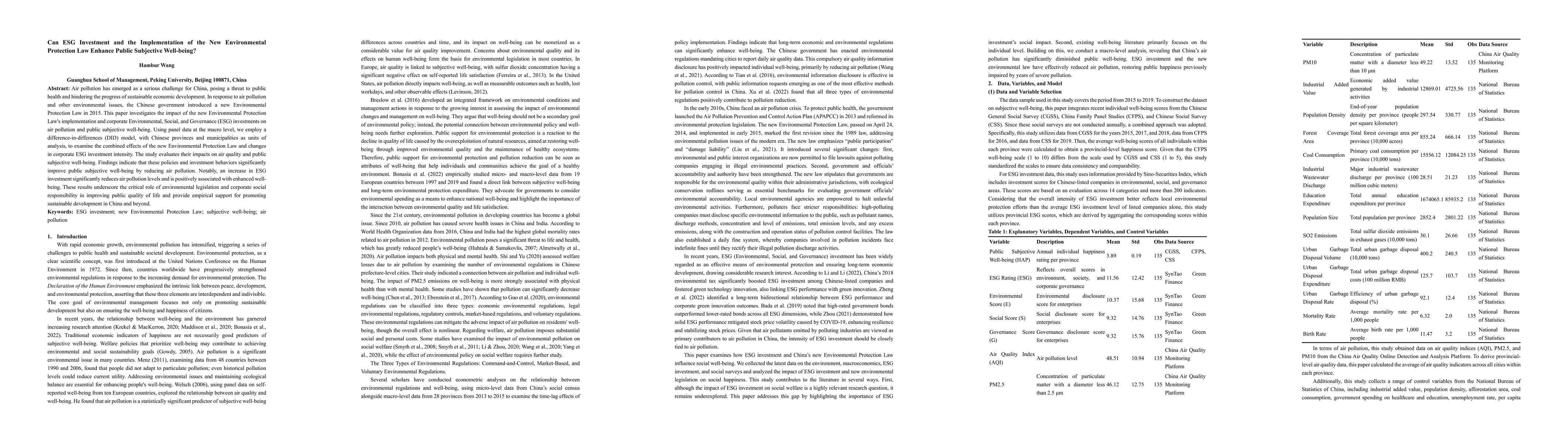 Thumbnail for Can ESG Investment and the Implementation of the New Environmental
  Protection Law Enhance Public Subjective Well-being?