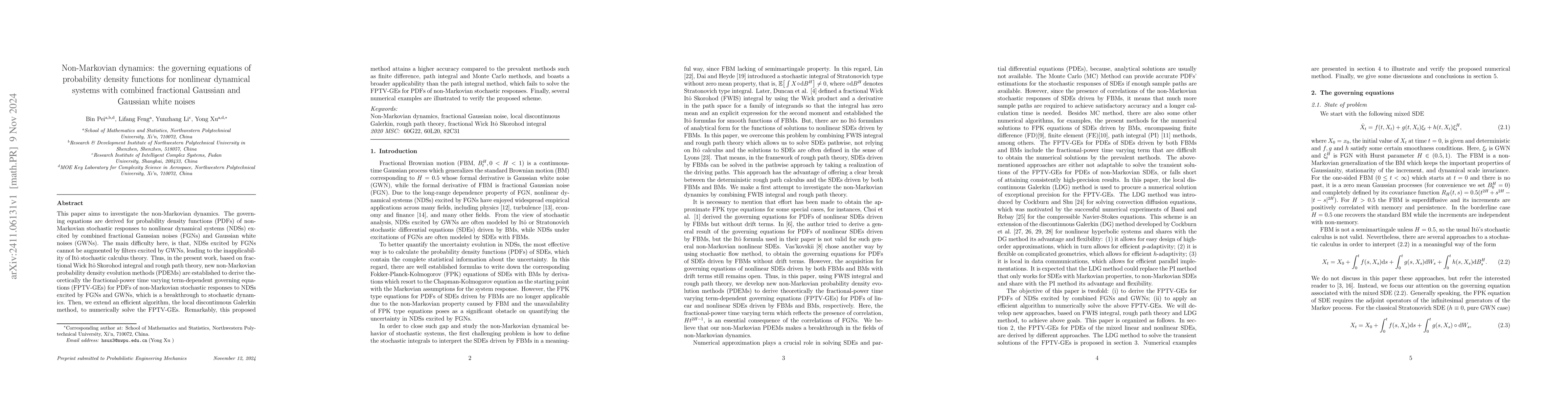 Thumbnail for Non-Markovian dynamics: the governing equations of probability density
  functions for nonlinear dynamical systems with combined fractional Gaussian
  and Gaussian white noises