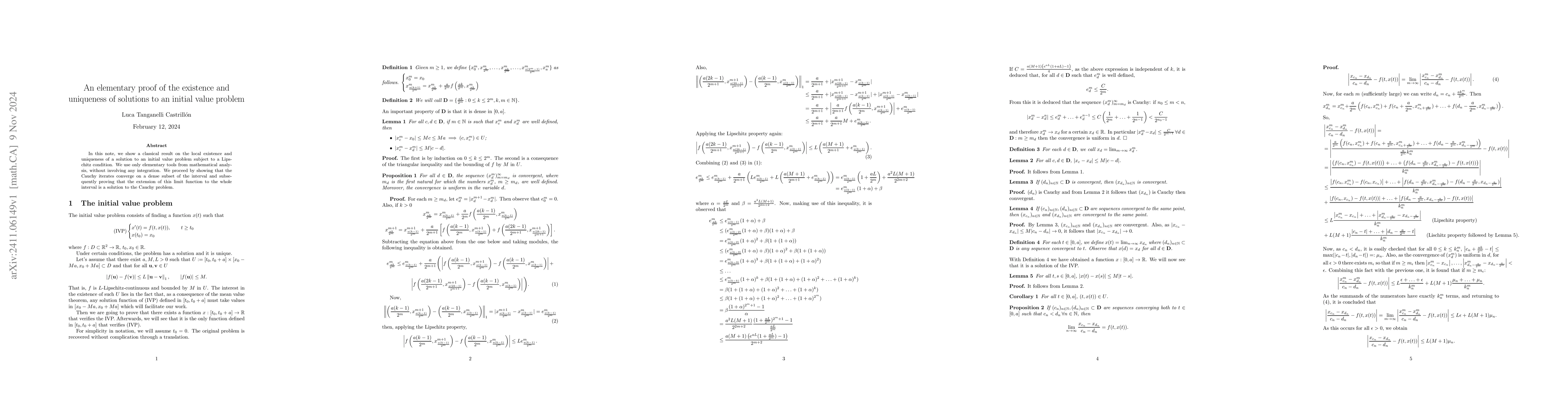 Thumbnail for An elementary proof of the existence and uniqueness of solutions to an
  initial value problem