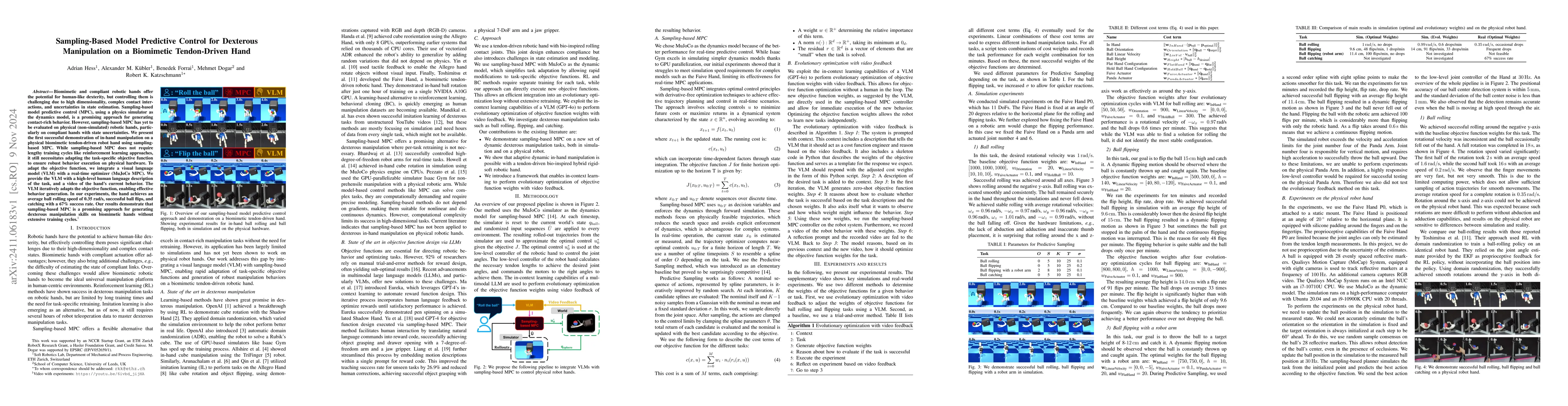 Thumbnail for Sampling-Based Model Predictive Control for Dexterous Manipulation on a
  Biomimetic Tendon-Driven Hand