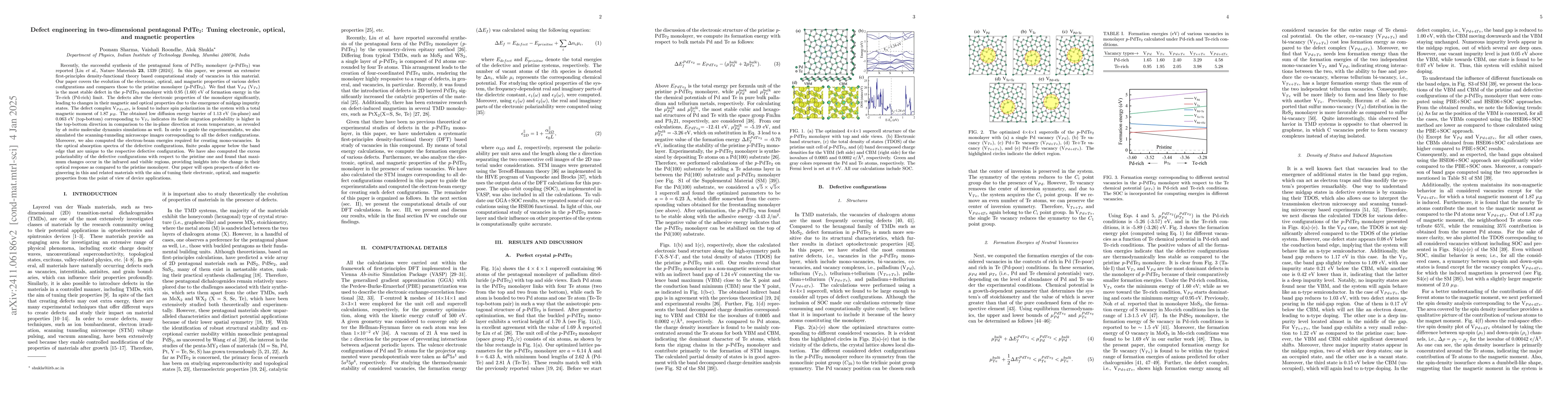 Thumbnail for Defect Engineering in Two-Dimensional Pentagonal PdTe$_{2}$: Tuning
  Electronic, Optical, and Magnetic Properties