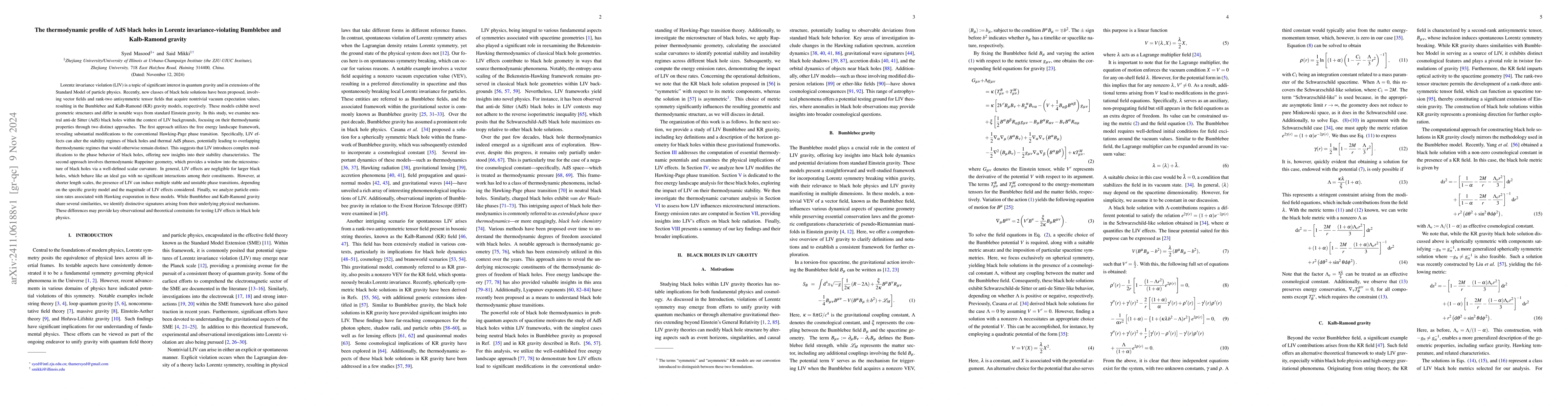 Thumbnail for The thermodynamic profile of AdS black holes in Lorentz
  invariance-violating Bumblebee and Kalb-Ramond gravity