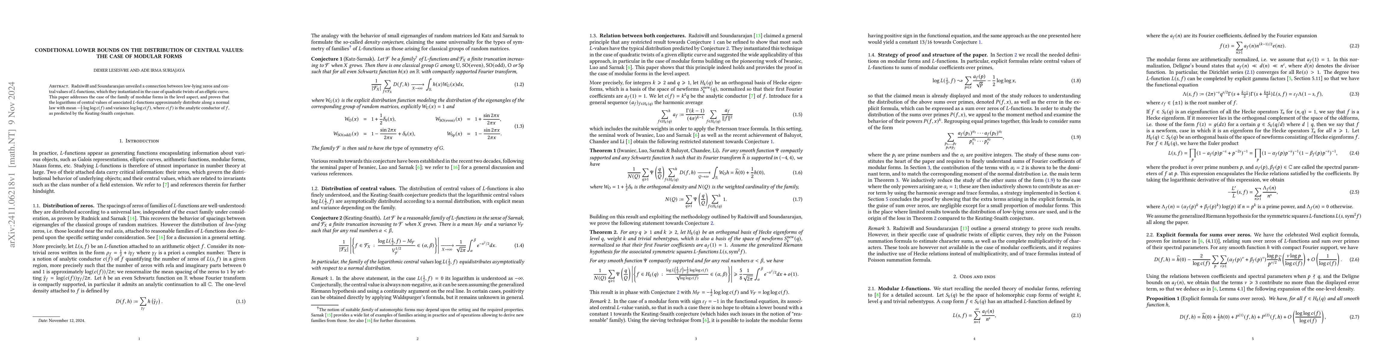 Thumbnail for Conditional lower bounds on the distribution of central values: the case
  of modular forms