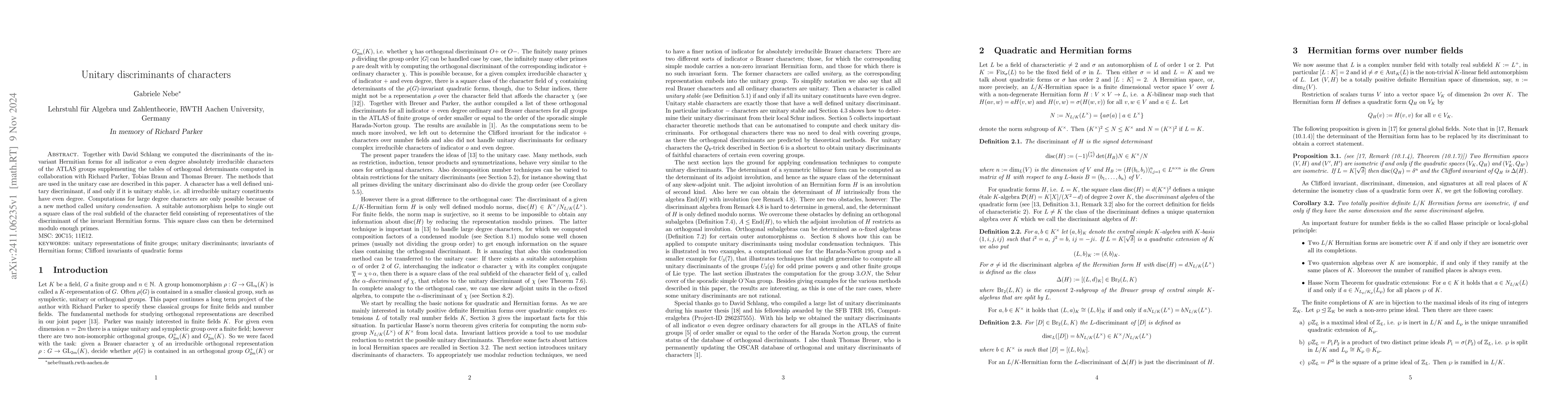 Thumbnail for Unitary discriminants of characters