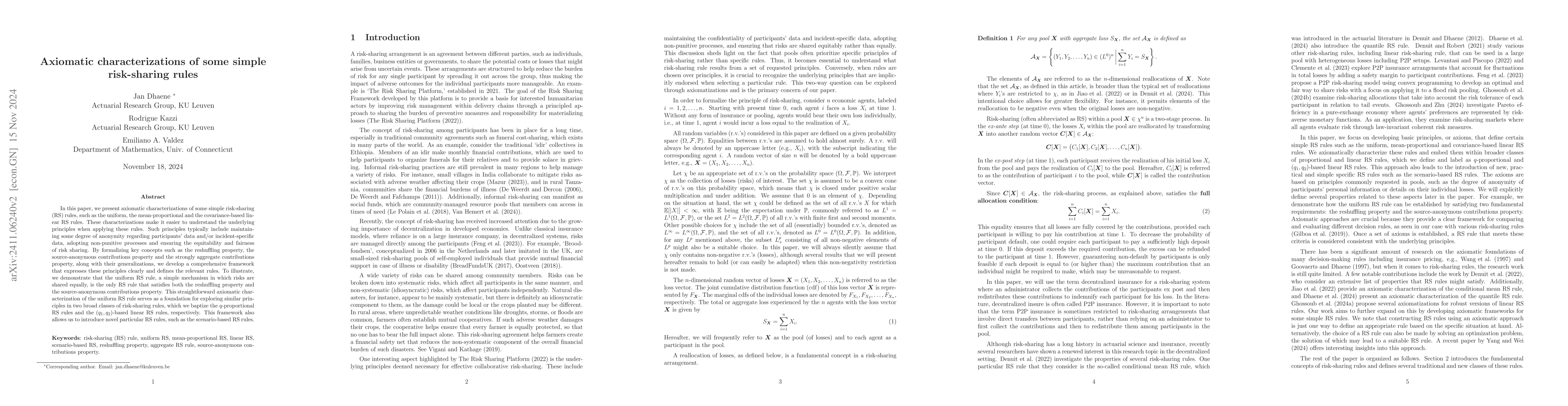 Thumbnail for Axiomatic characterizations of some simple risk-sharing rules