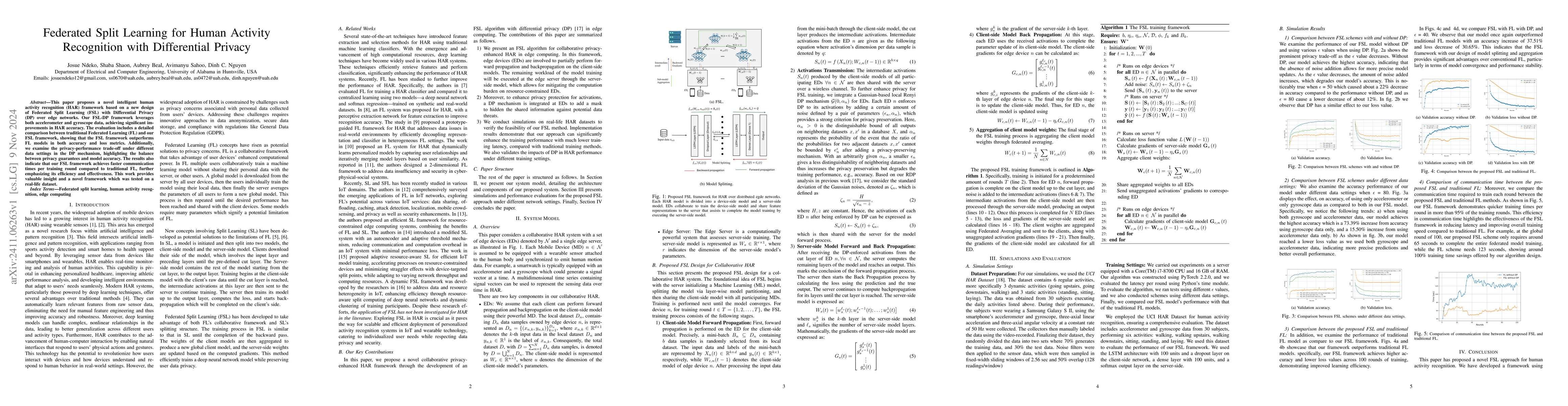 Thumbnail for Federated Split Learning for Human Activity Recognition with
  Differential Privacy