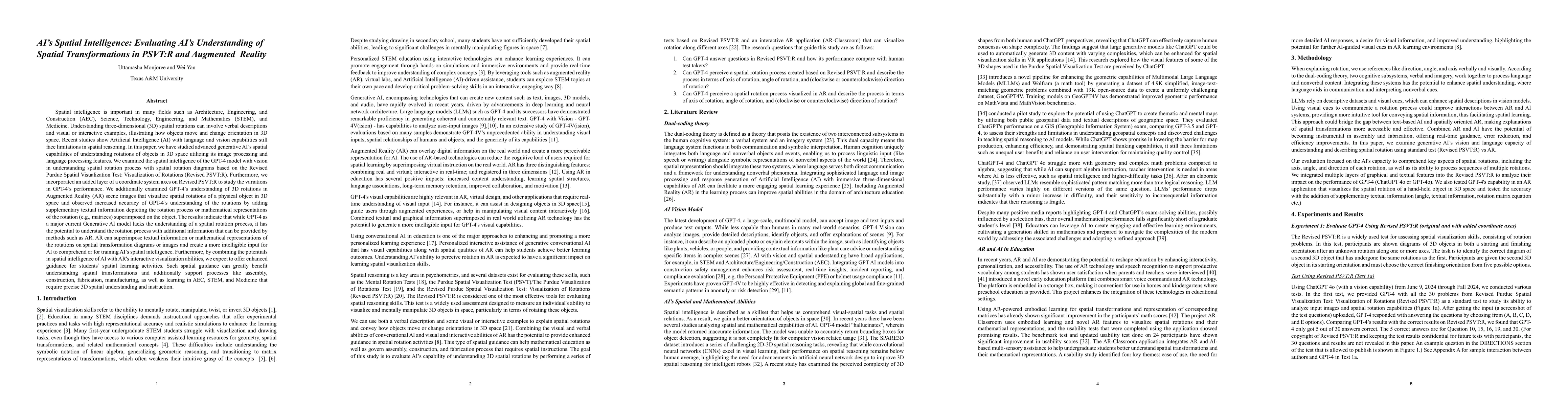 Thumbnail for AI's Spatial Intelligence: Evaluating AI's Understanding of Spatial
  Transformations in PSVT:R and Augmented Reality