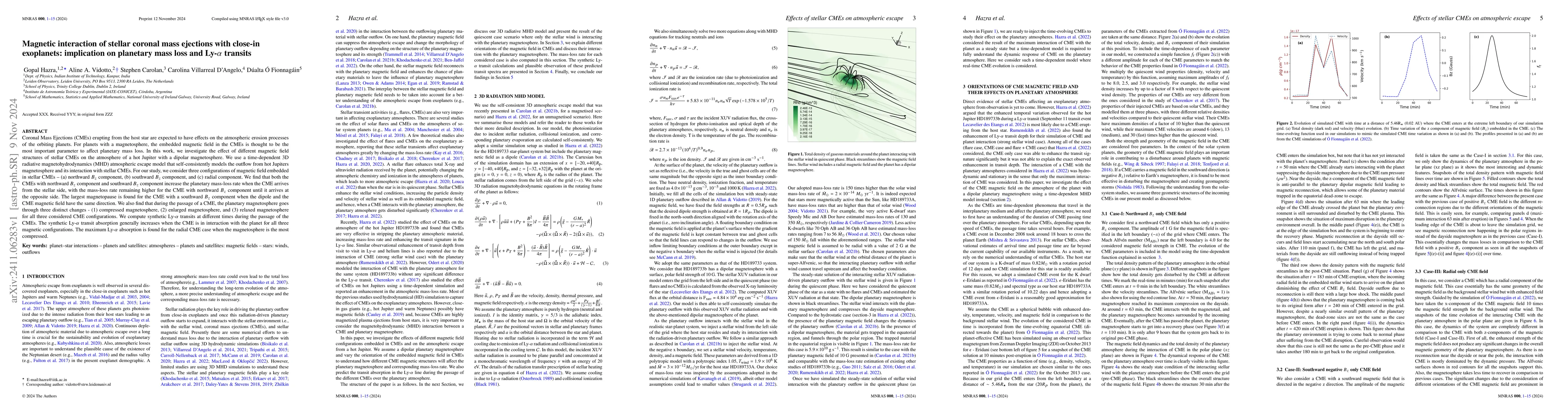 Thumbnail for Magnetic interaction of stellar coronal mass ejections with close-in
  exoplanets: implication on planetary mass loss and Ly-$α$ transits