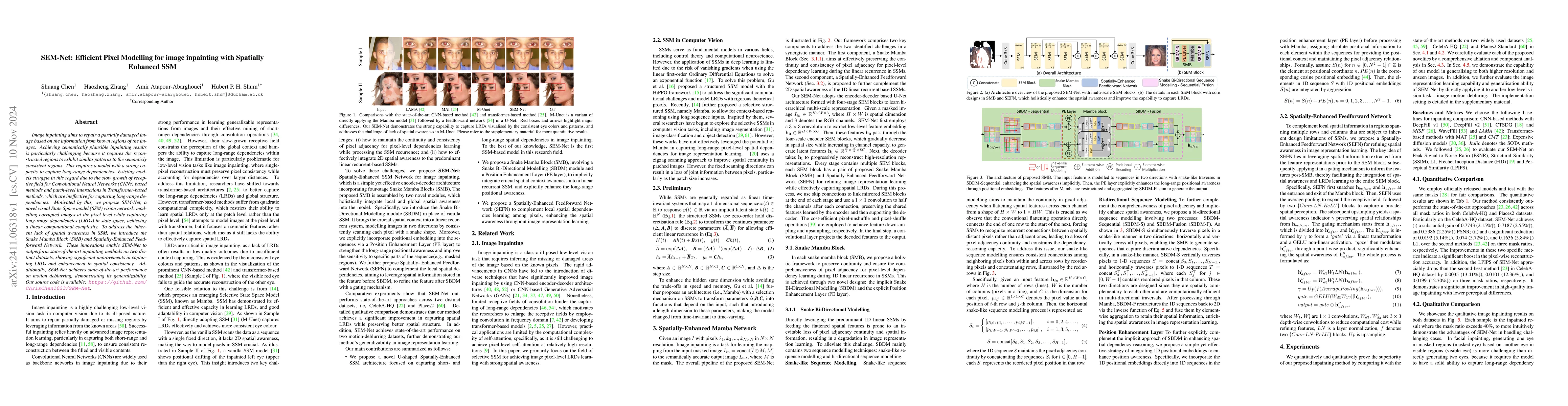 Thumbnail for SEM-Net: Efficient Pixel Modelling for image inpainting with Spatially
  Enhanced SSM