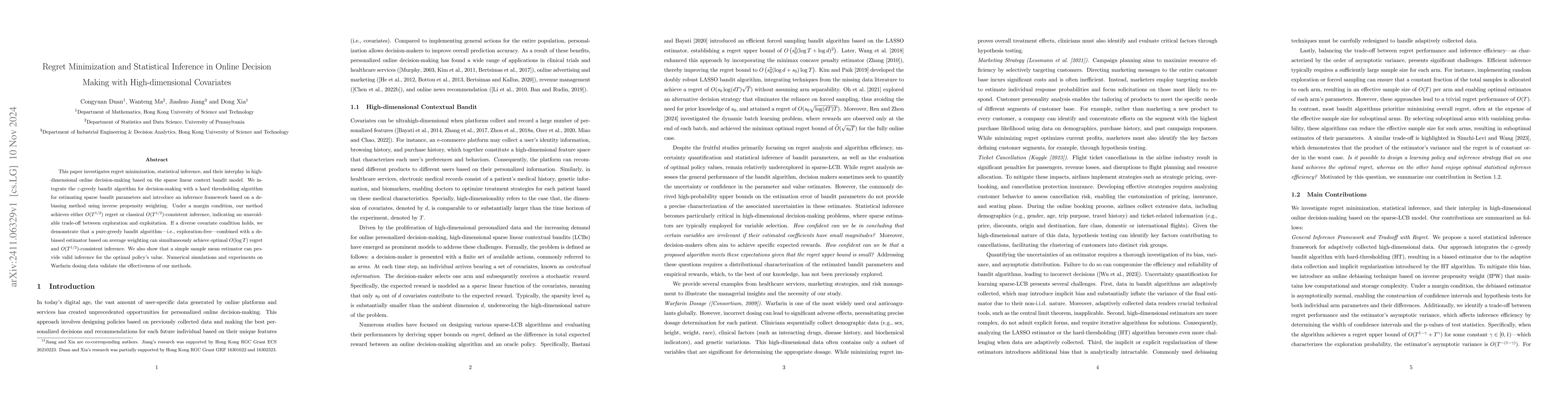 Thumbnail for Regret Minimization and Statistical Inference in Online Decision Making
  with High-dimensional Covariates