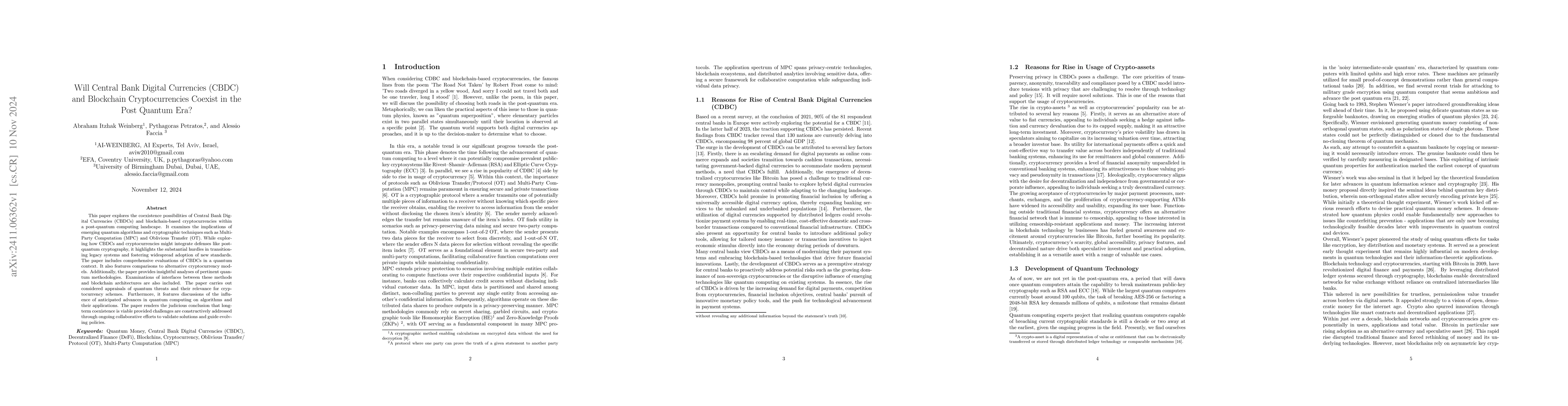 Thumbnail for Will Central Bank Digital Currencies (CBDC) and Blockchain
  Cryptocurrencies Coexist in the Post Quantum Era?