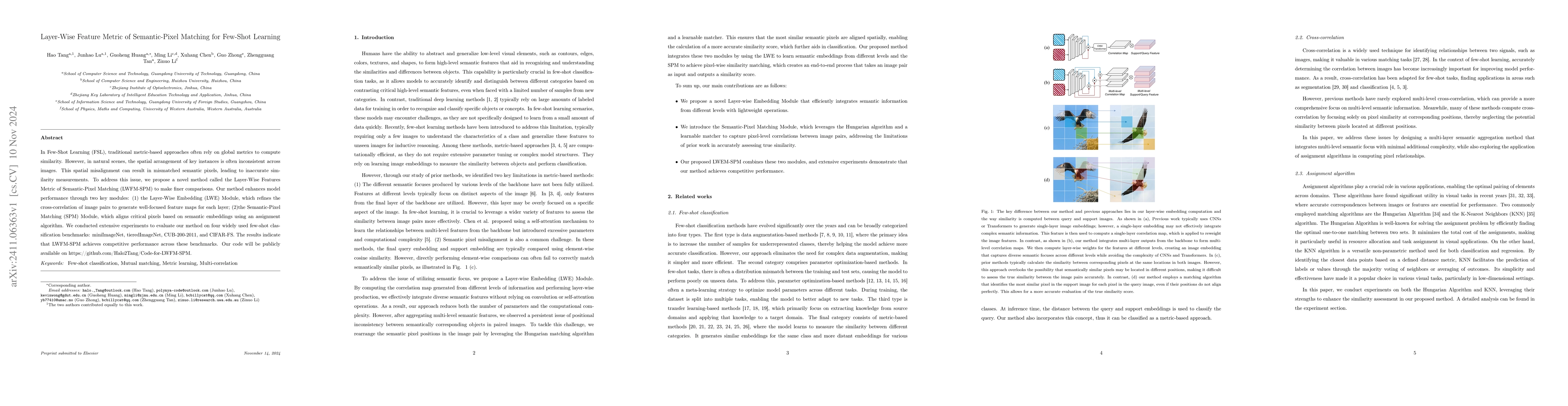 Thumbnail for Layer-Wise Feature Metric of Semantic-Pixel Matching for Few-Shot
  Learning