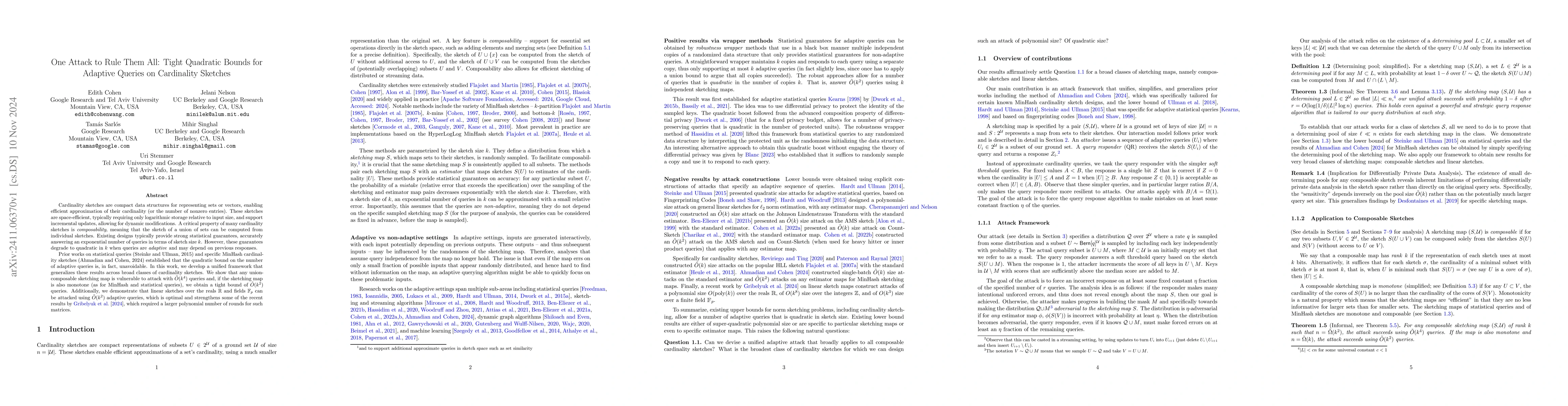 Thumbnail for One Attack to Rule Them All: Tight Quadratic Bounds for Adaptive Queries
  on Cardinality Sketches