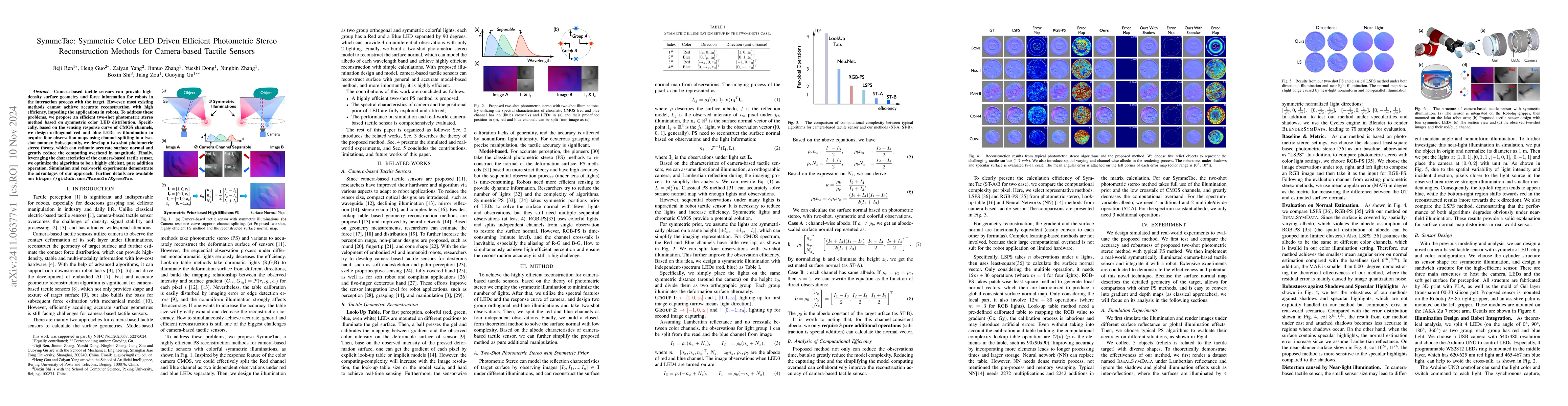 Thumbnail for SymmeTac: Symmetric Color LED Driven Efficient Photometric Stereo
  Reconstruction Methods for Camera-based Tactile Sensors