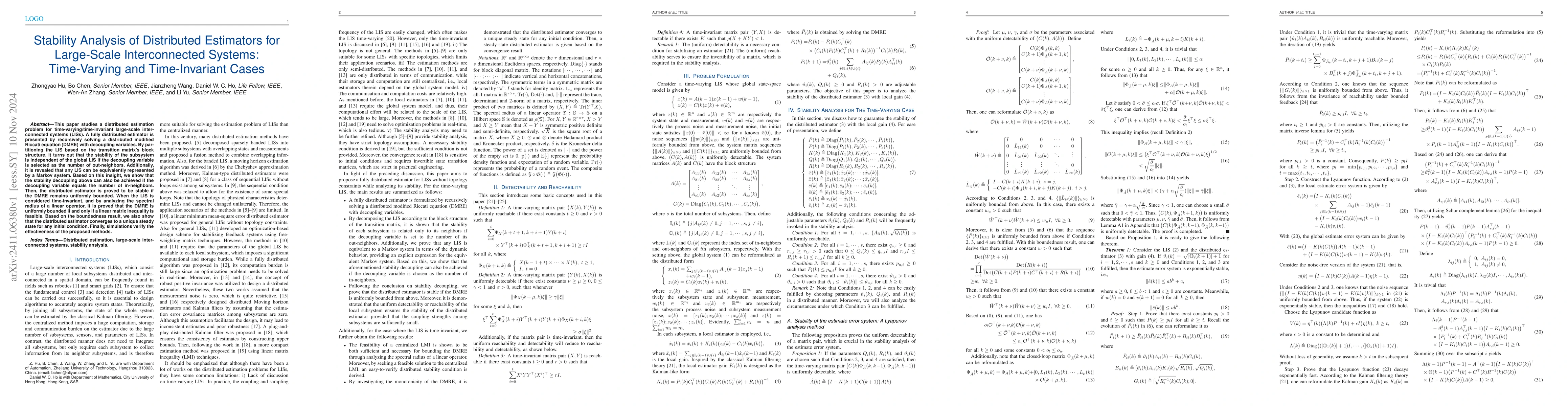 Thumbnail for Stability Analysis of Distributed Estimators for Large-Scale
  Interconnected Systems: Time-Varying and Time-Invariant Cases