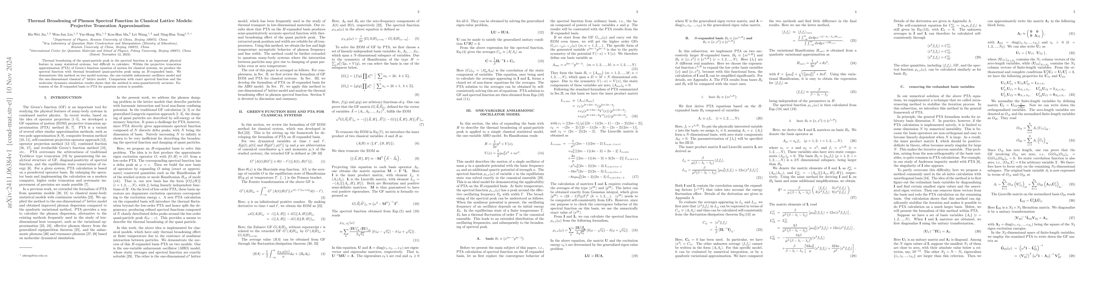 Thumbnail for Thermal Broadening of Phonon Spectral Function in Classical Lattice
  Models: Projective Truncation Approximation