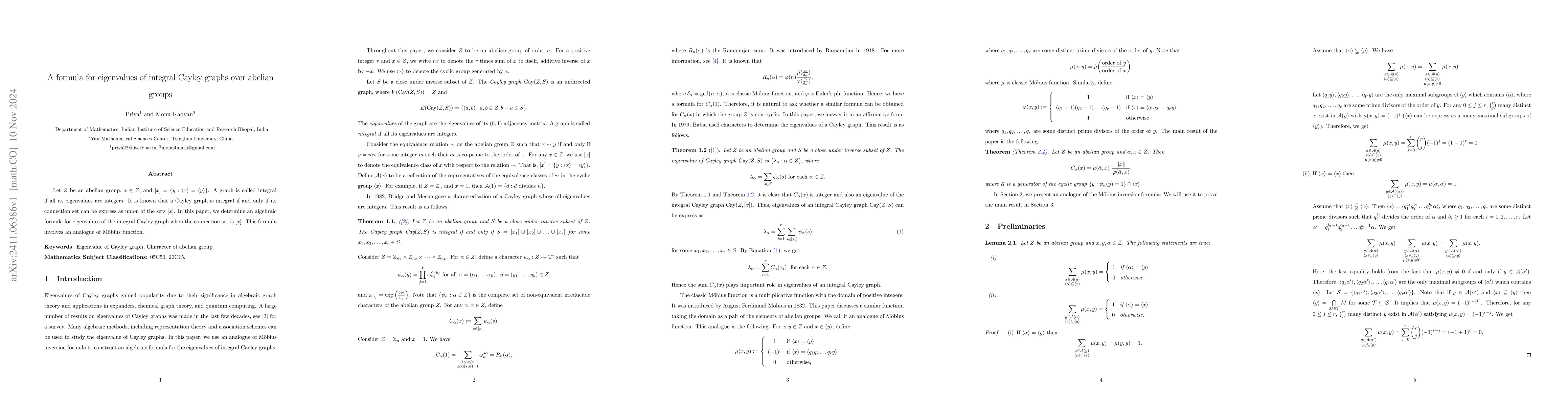 Thumbnail for A formula for eigenvalues of integral Cayley graphs over abelian groups