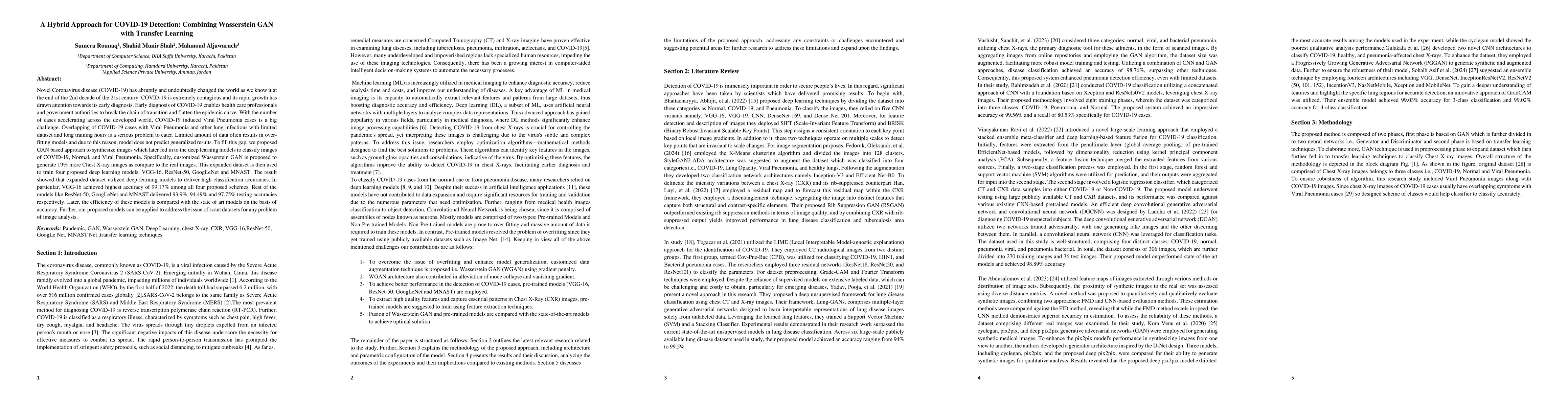 Thumbnail for A Hybrid Approach for COVID-19 Detection: Combining Wasserstein GAN with
  Transfer Learning