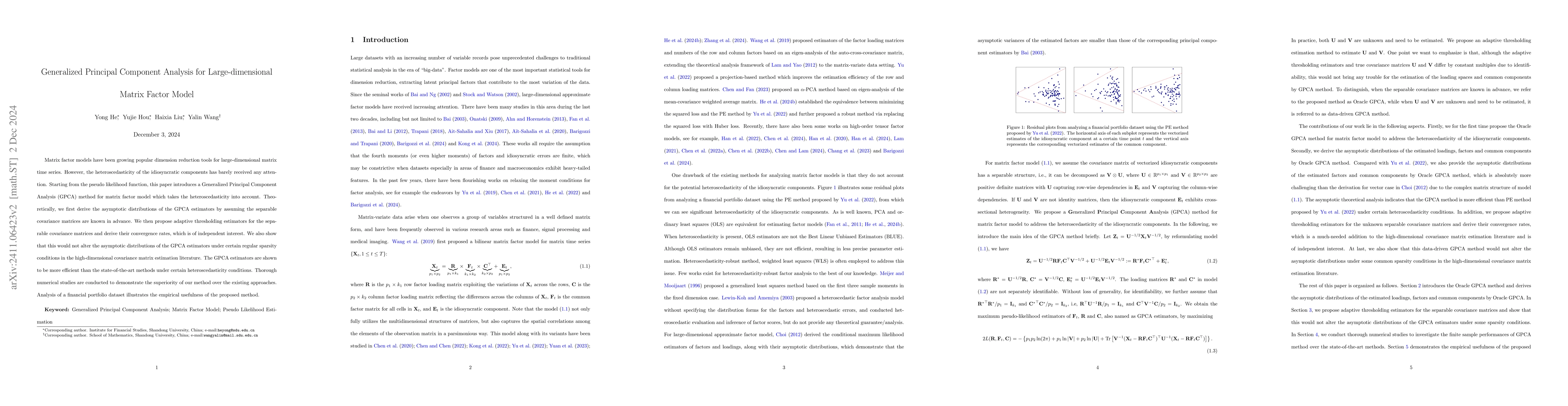 Thumbnail for Generalized Principal Component Analysis for Large-dimensional Matrix
  Factor Model