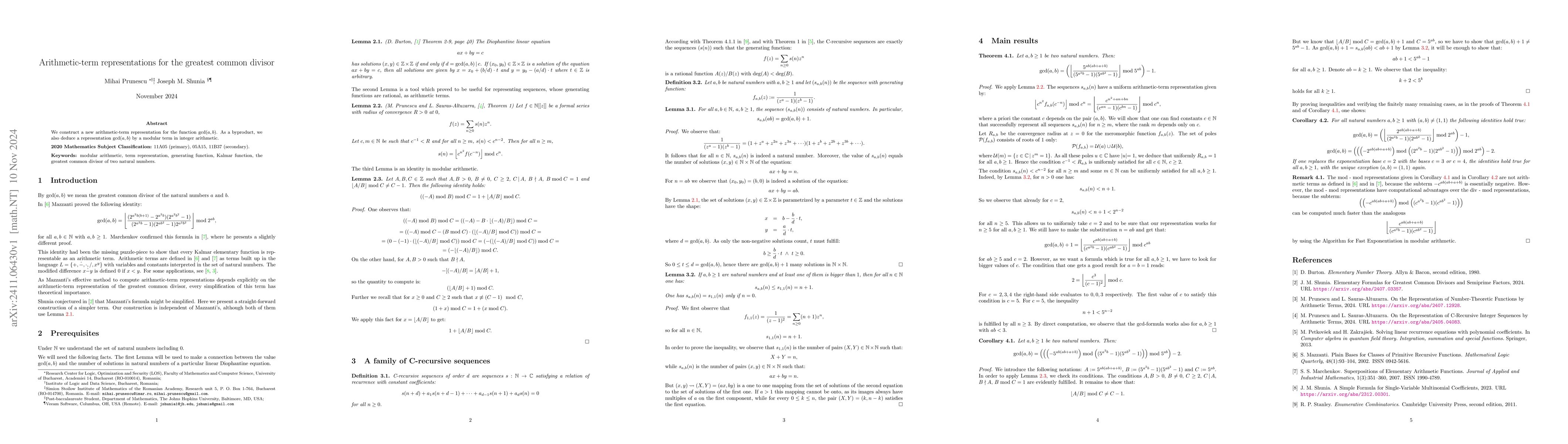 Thumbnail for Arithmetic-term representations for the greatest common divisor
