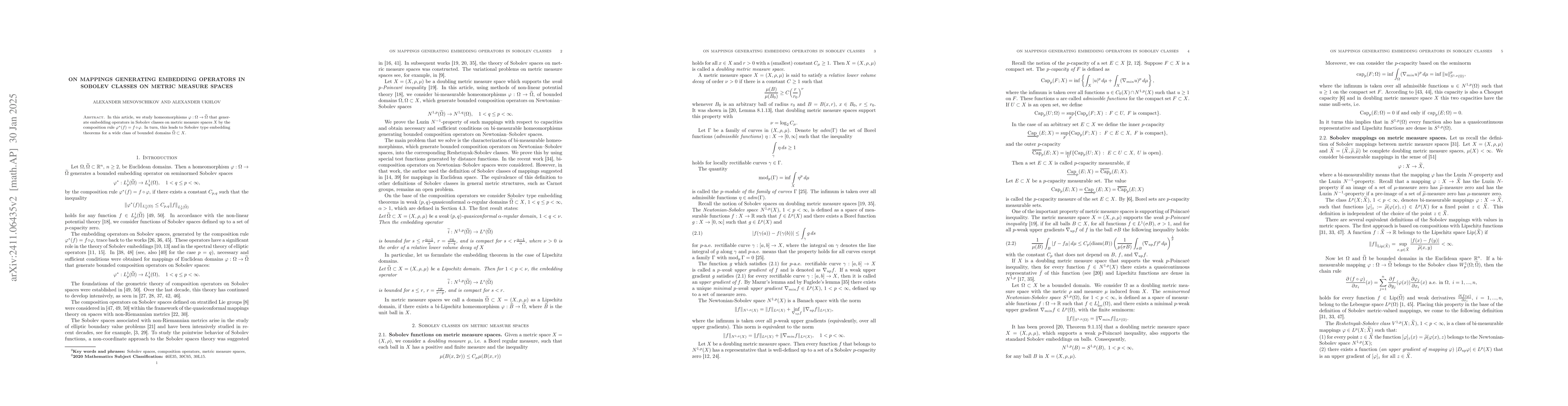 Thumbnail for On mappings generating embedding operators in Sobolev classes on metric
  measure spaces