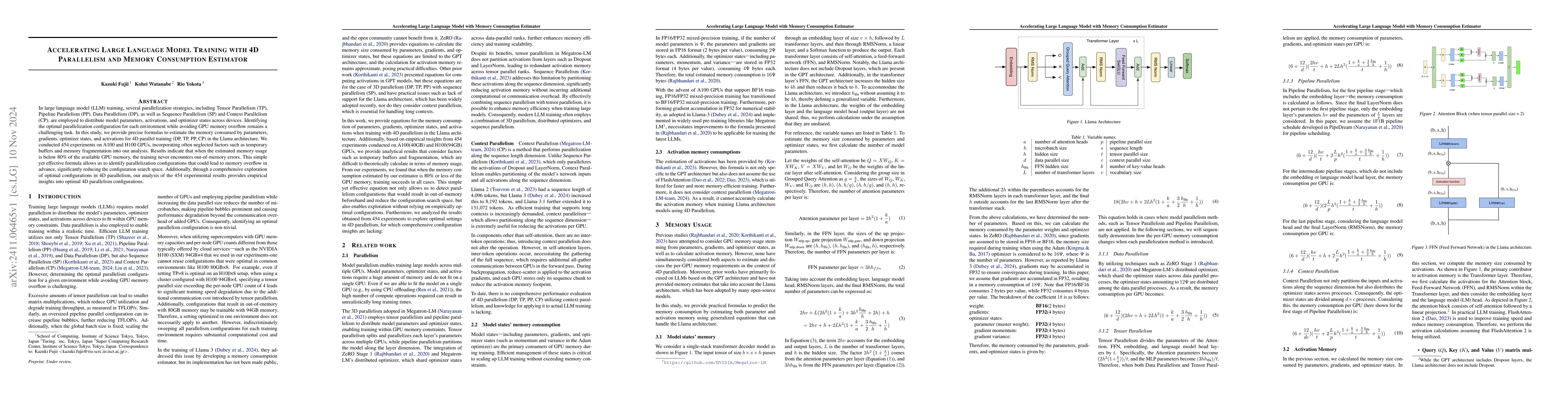 Thumbnail for Accelerating Large Language Model Training with 4D Parallelism and
  Memory Consumption Estimator