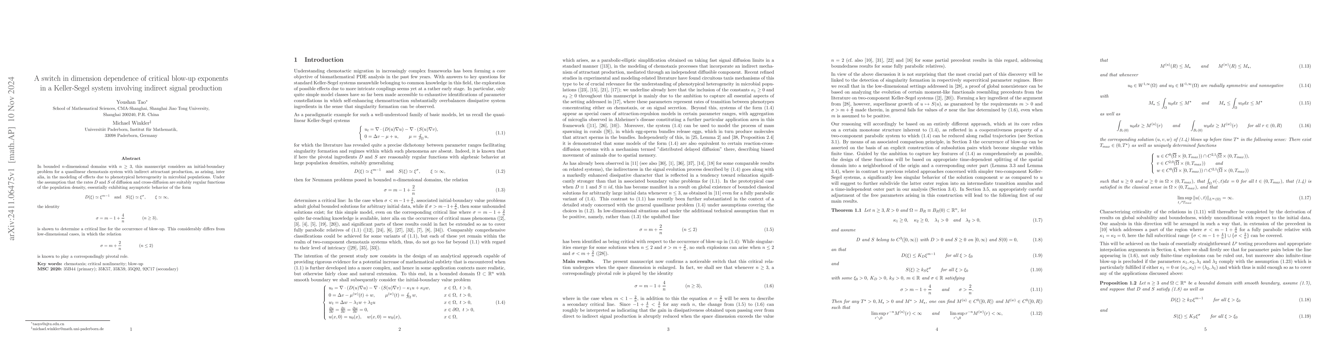 Thumbnail for A switch in dimension dependence of critical blow-up exponents in a
  Keller-Segel system involving indirect signal production