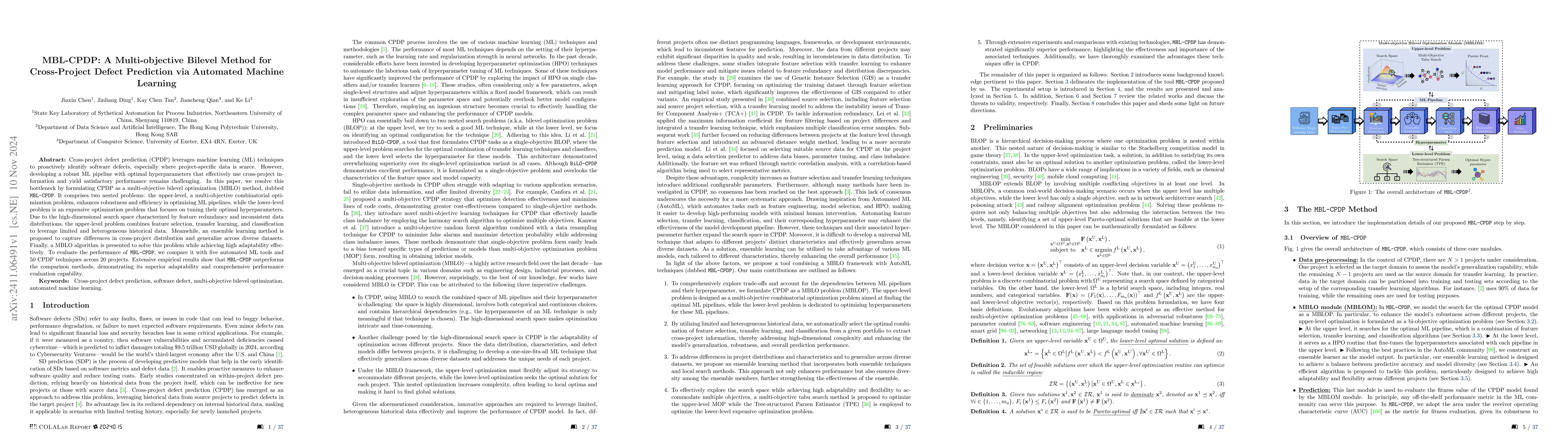 Thumbnail for MBL-CPDP: A Multi-objective Bilevel Method for Cross-Project Defect
  Prediction via Automated Machine Learning