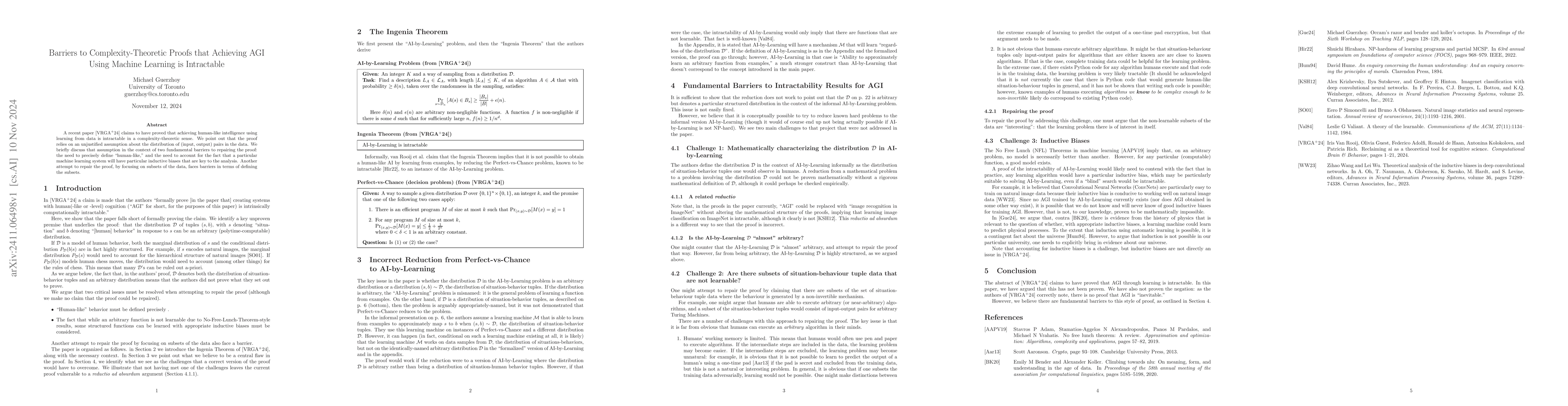 Thumbnail for Barriers to Complexity-Theoretic Proofs that Achieving AGI Using Machine
  Learning is Intractable