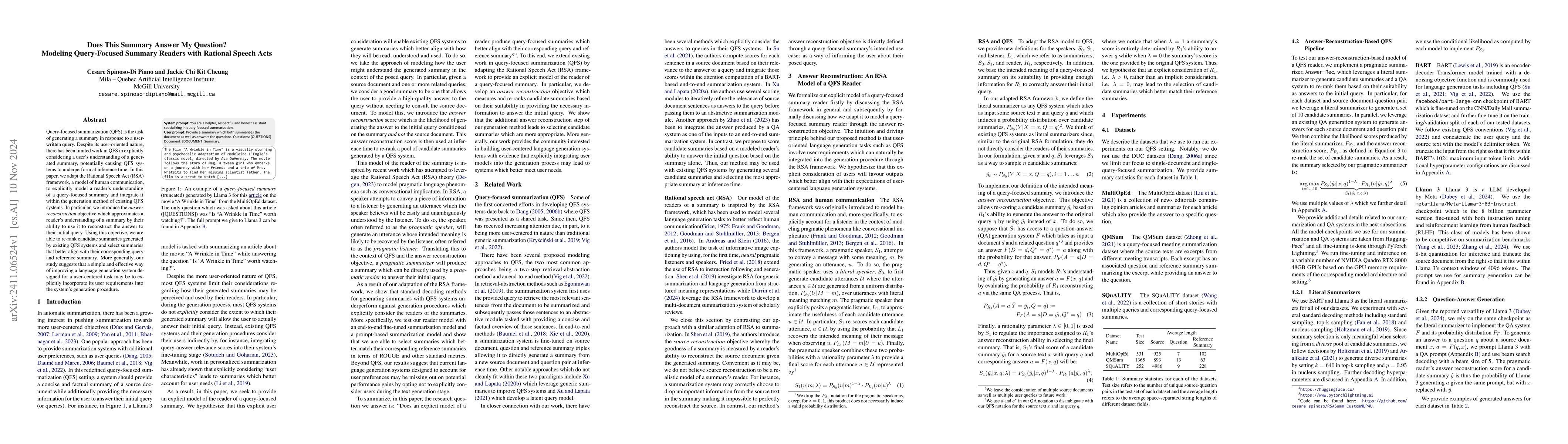 Thumbnail for Does This Summary Answer My Question? Modeling Query-Focused Summary
  Readers with Rational Speech Acts