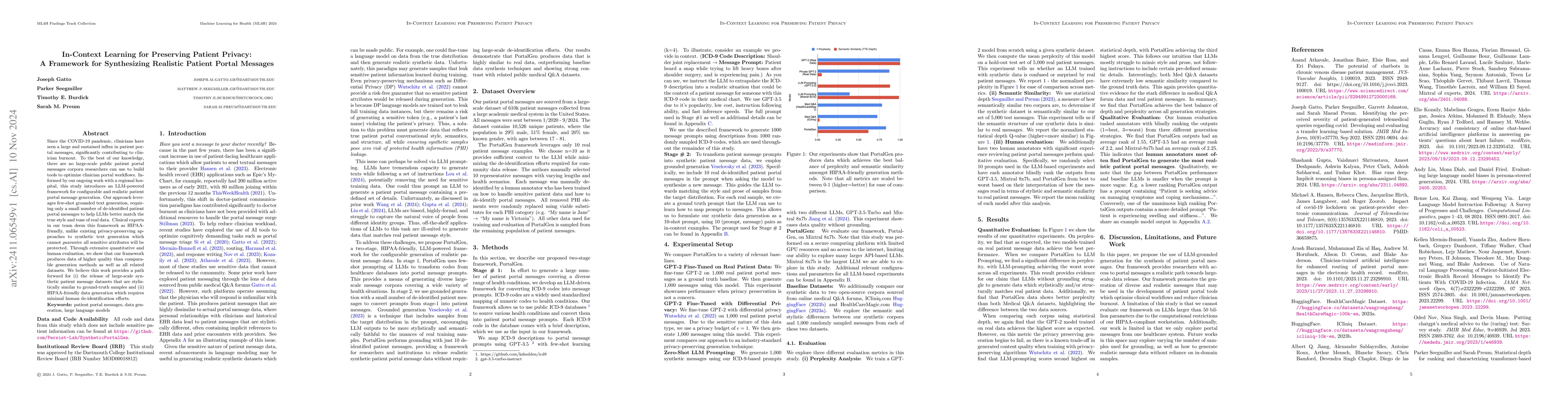 Thumbnail for In-Context Learning for Preserving Patient Privacy: A Framework for
  Synthesizing Realistic Patient Portal Messages