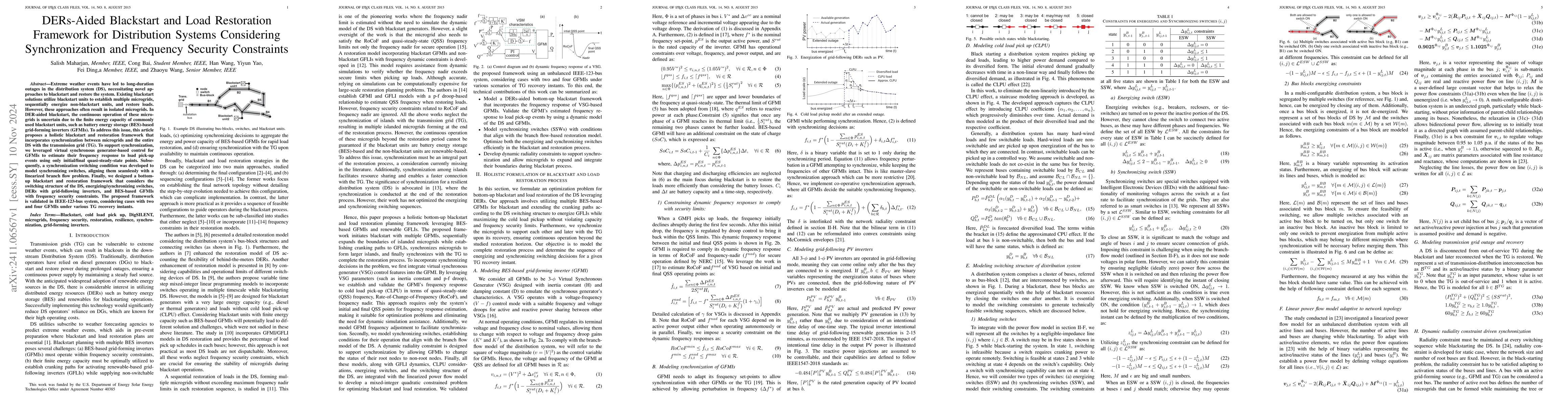 Thumbnail for DERs-Aided Blackstart and Load Restoration Framework for Distribution
  Systems Considering Synchronization and Frequency Security Constraints